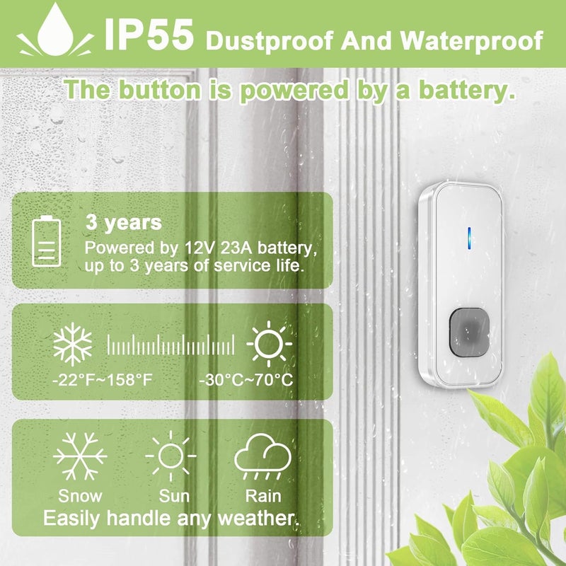 SURFOU Wireless Doorbell, Waterproof Doorbell Operating at 1300-ft Range with 55 Ringtones 5 Volume Levels and Mute Mode LED Flash,1 Transmitter/Push Button+3 Receivers Door Bells for Home Classroom(White) - Image 3